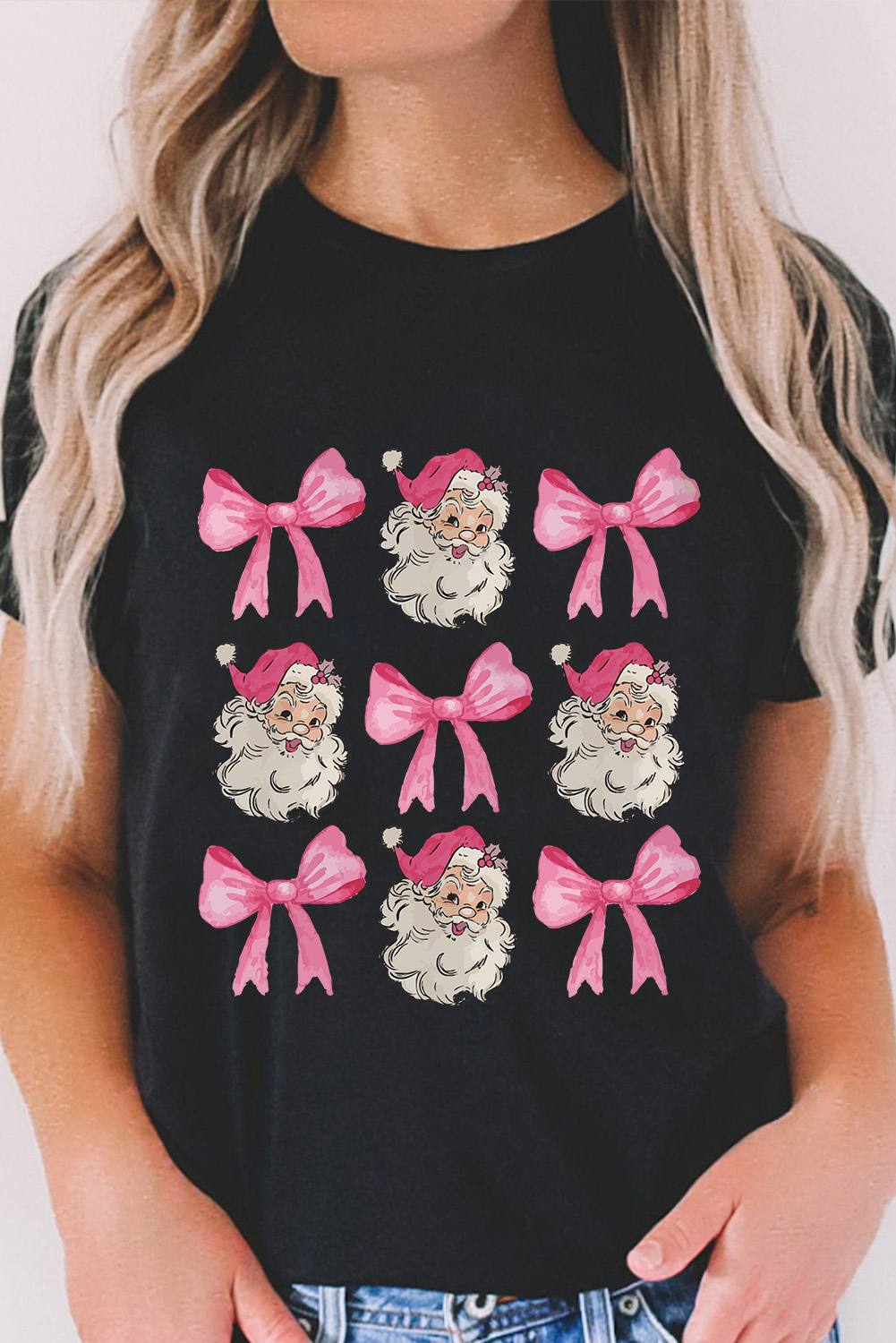 Holiday Cheer: Black Graphic T-Shirt with Santa Claus and Bow Knots - Detail View 2 Holiday Cheer: Black Graphic T-Shirt with Santa Claus and Bow Knots - Detail View 2