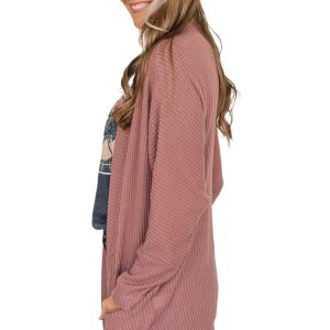 Women's Mineral Red Solid Color Waffle Knit Cardigan with Pocket - Main View