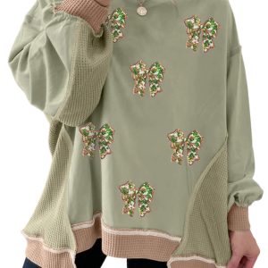 Women's Sequin Bow Sweatshirt, Smoke Green Waffle Colorblock - Main View