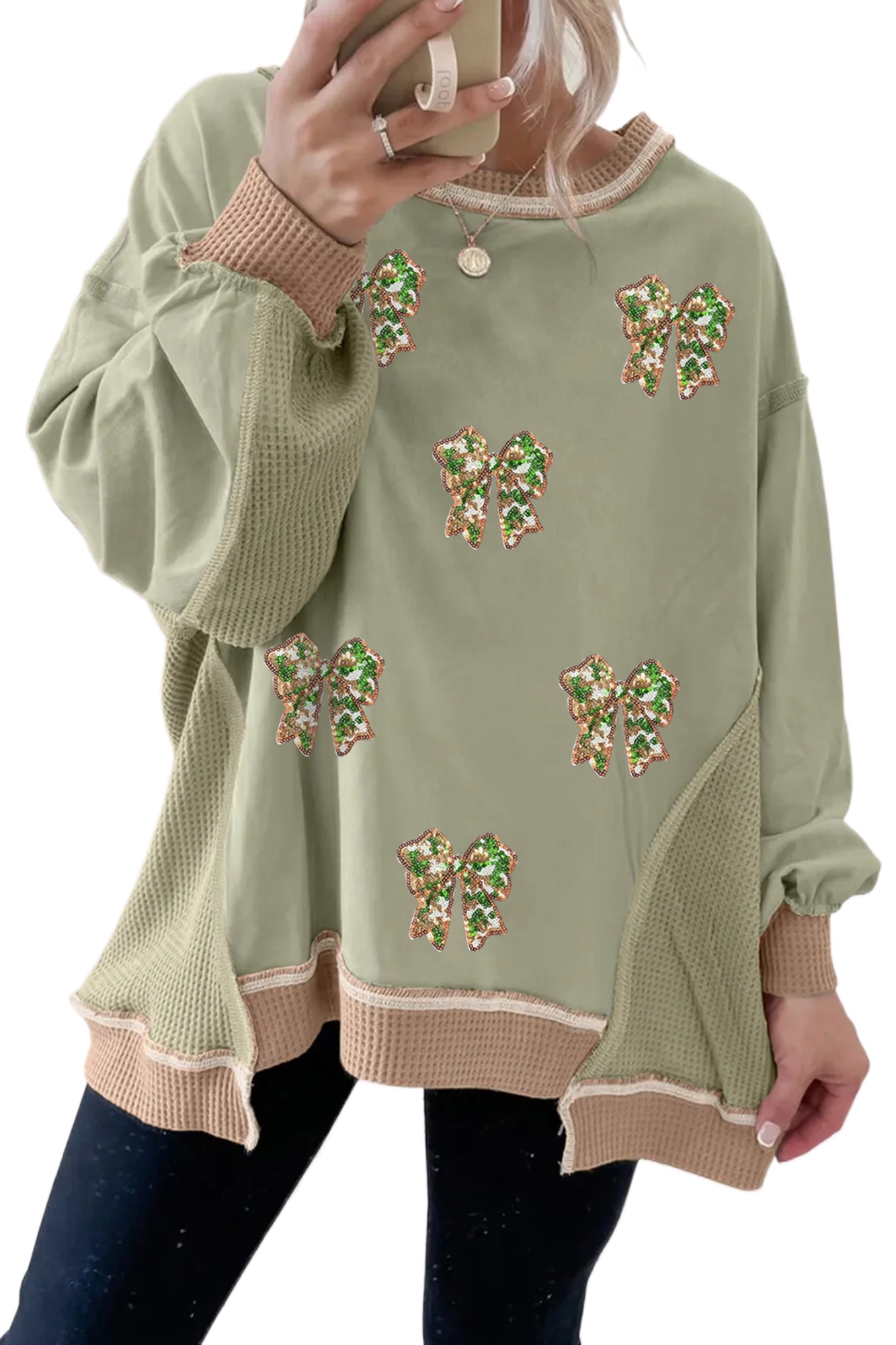 Women's Sequin Bow Sweatshirt, Smoke Green Waffle Colorblock - Main View Women's Sequin Bow Sweatshirt, Smoke Green Waffle Colorblock - Main View