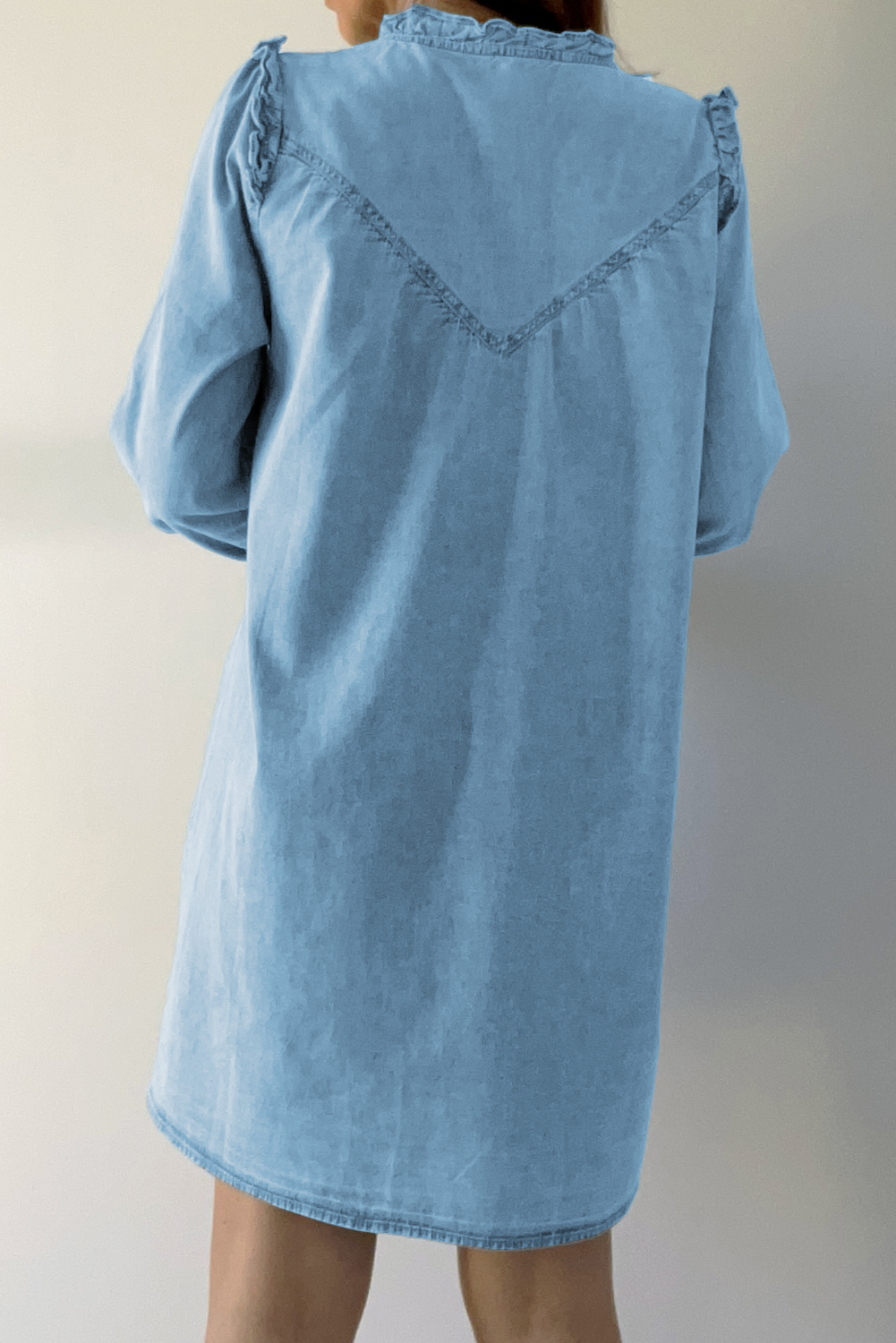 Long Sleeve Denim Mini Dress, Button Down Southern Belle - Detail View 2 Long Sleeve Denim Mini Dress, Button Down Southern Belle - Detail View 2