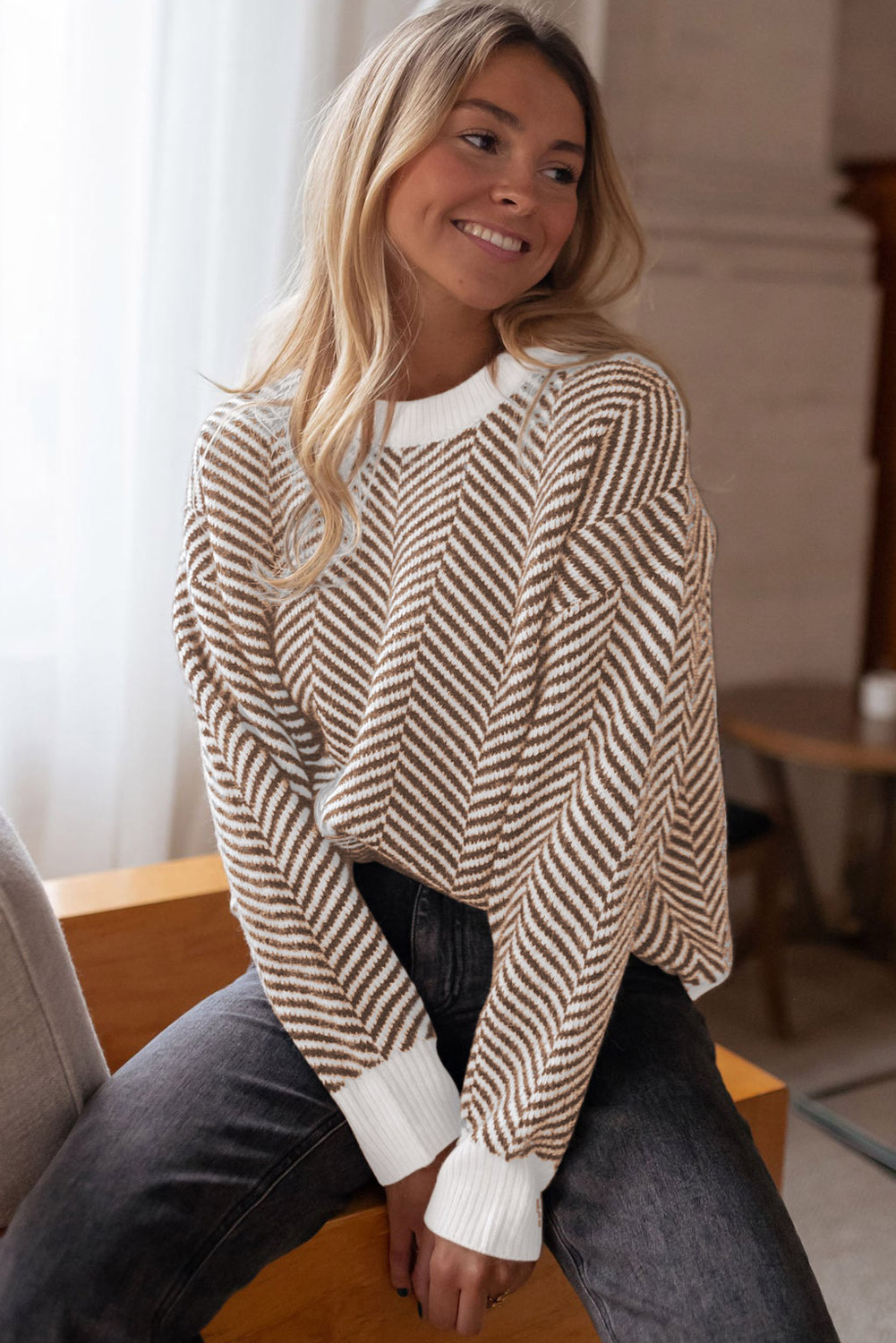 Chic Coffee Colorblock Sweater with Striped Print and Drop Shoulder Design - Detail View 10 Chic Coffee Colorblock Sweater with Striped Print and Drop Shoulder Design - Detail View 10