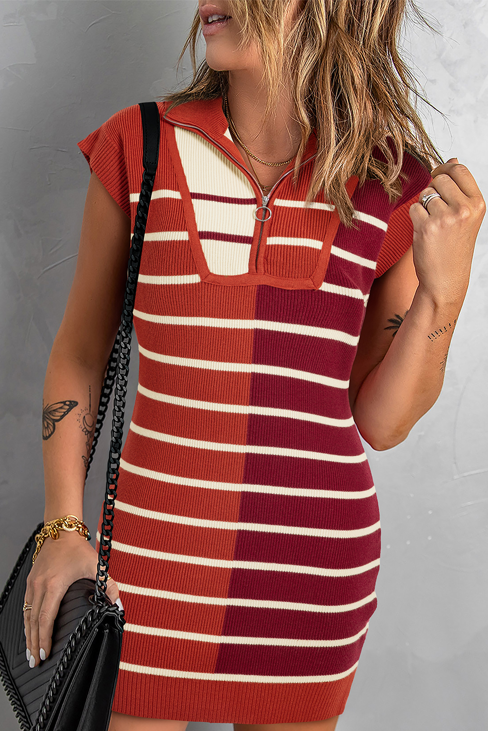 Women's Sweater Dress, Brown Stripe, Color Block, Quarter Zip, Short Sleeve, Casual Style, Fall Fashion, Comfortable Knit, H-Line Silhouette, Daily Wear, Elegant Dress, Versatile Fashion, Best Sellers, Striped Pattern, Unique Design - Detail View 4 Women's Sweater Dress, Brown Stripe, Color Block, Quarter Zip, Short Sleeve, Casual Style, Fall Fashion, Comfortable Knit, H-Line Silhouette, Daily Wear, Elegant Dress, Versatile Fashion, Best Sellers, Striped Pattern, Unique Design - Detail View 4