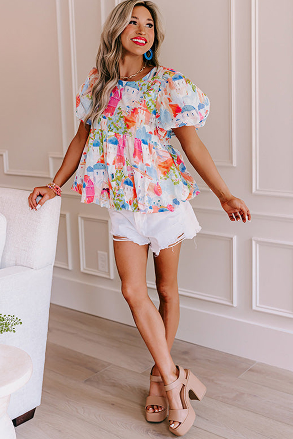 Women's Abstract Print Top, Elegant Parisian Puff Sleeve - Detail View 10 Women's Abstract Print Top, Elegant Parisian Puff Sleeve - Detail View 10