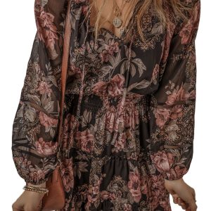 Women's Vintage Floral Puff Sleeve V Neck Smock Waist Dress - Main View