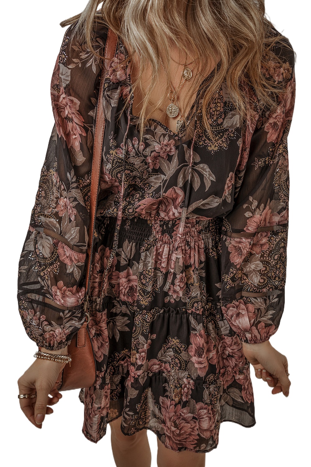 Women's Vintage Floral Puff Sleeve V Neck Smock Waist Dress - Main View Women's Vintage Floral Puff Sleeve V Neck Smock Waist Dress - Main View