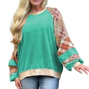Women's Plus Size Sky Blue Plaid Floral Patchwork Raglan Sleeve Sweatshirt - Main View