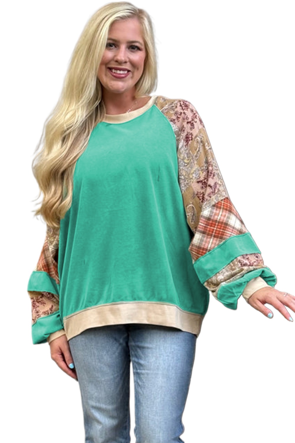 Women's Plus Size Sky Blue Plaid Floral Patchwork Raglan Sleeve Sweatshirt - Main View Women's Plus Size Sky Blue Plaid Floral Patchwork Raglan Sleeve Sweatshirt - Main View