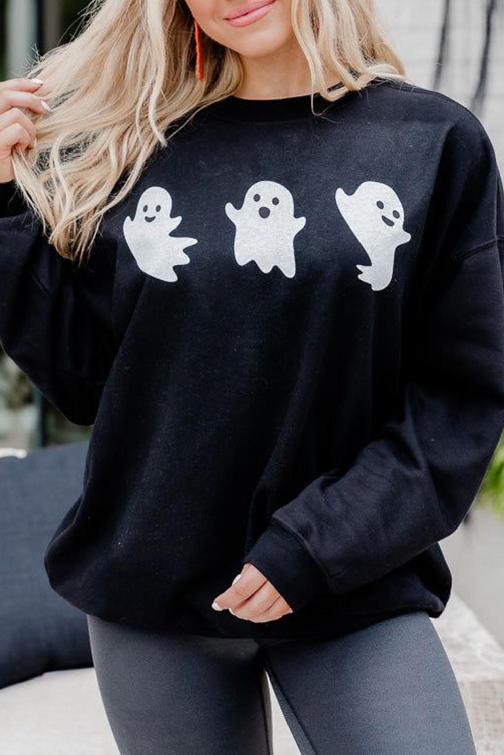 Playful Halloween Graphic Sweatshirt - Black with Ghosts Print - Detail View 2 Playful Halloween Graphic Sweatshirt - Black with Ghosts Print - Detail View 2