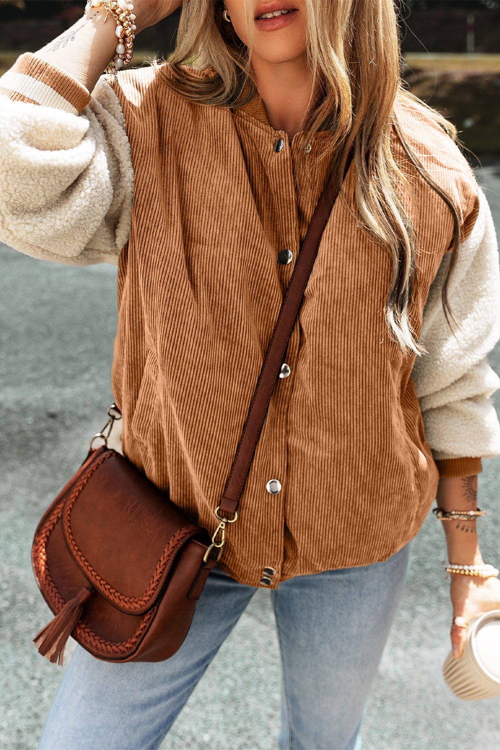 Warm and Stylish Colorblock Bomber Jacket for Daily Wear - Buckskin Corduroy - Detail View 3 Warm and Stylish Colorblock Bomber Jacket for Daily Wear - Buckskin Corduroy - Detail View 3