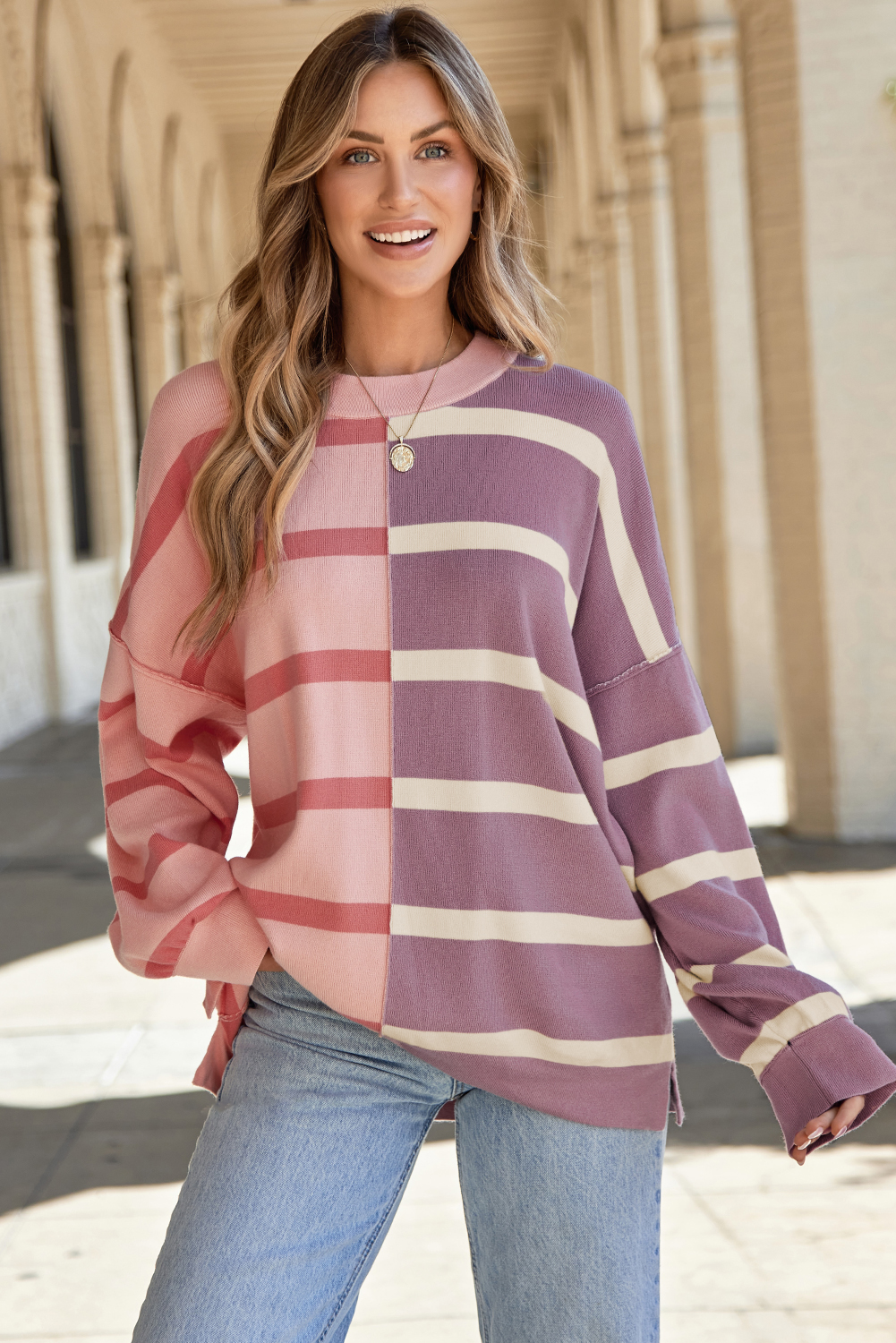 Warm and Stylish Pink Stripe Sweater for Women - Oversized Crew Neck - Detail View 8 Warm and Stylish Pink Stripe Sweater for Women - Oversized Crew Neck - Detail View 8
