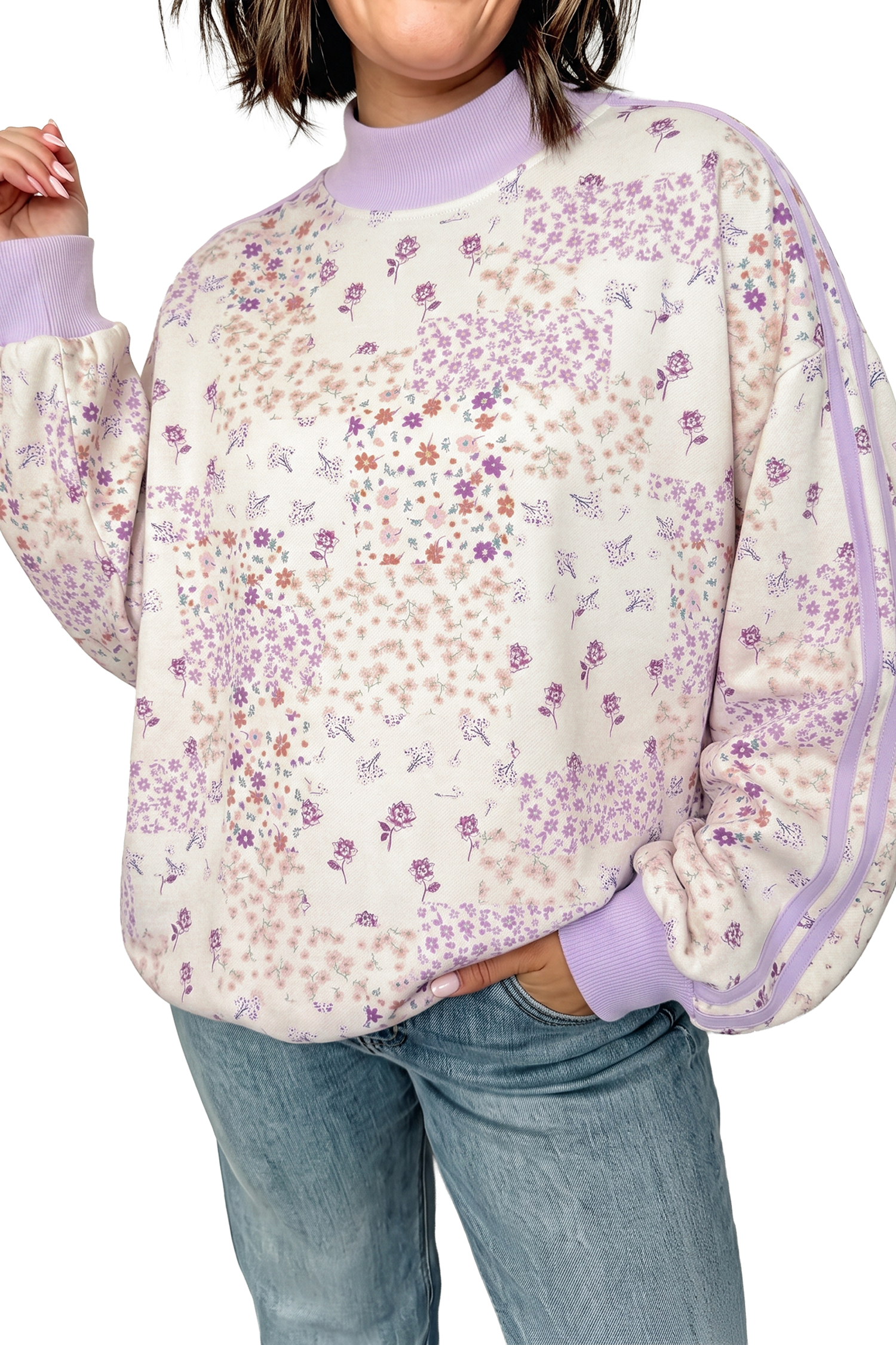 Cozy Polyester Floral High Neck Pullover, Women Casual Top - Detail View 12 Cozy Polyester Floral High Neck Pullover, Women Casual Top - Detail View 12
