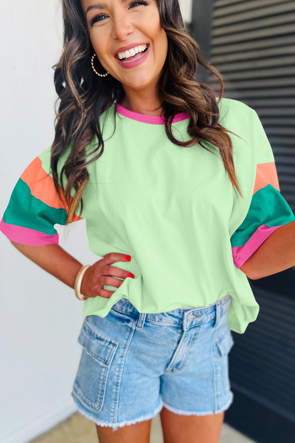 Women's Colorblock Top, Casual Round Neck Half Sleeve Tee - Detail View 7 Women's Colorblock Top, Casual Round Neck Half Sleeve Tee - Detail View 7