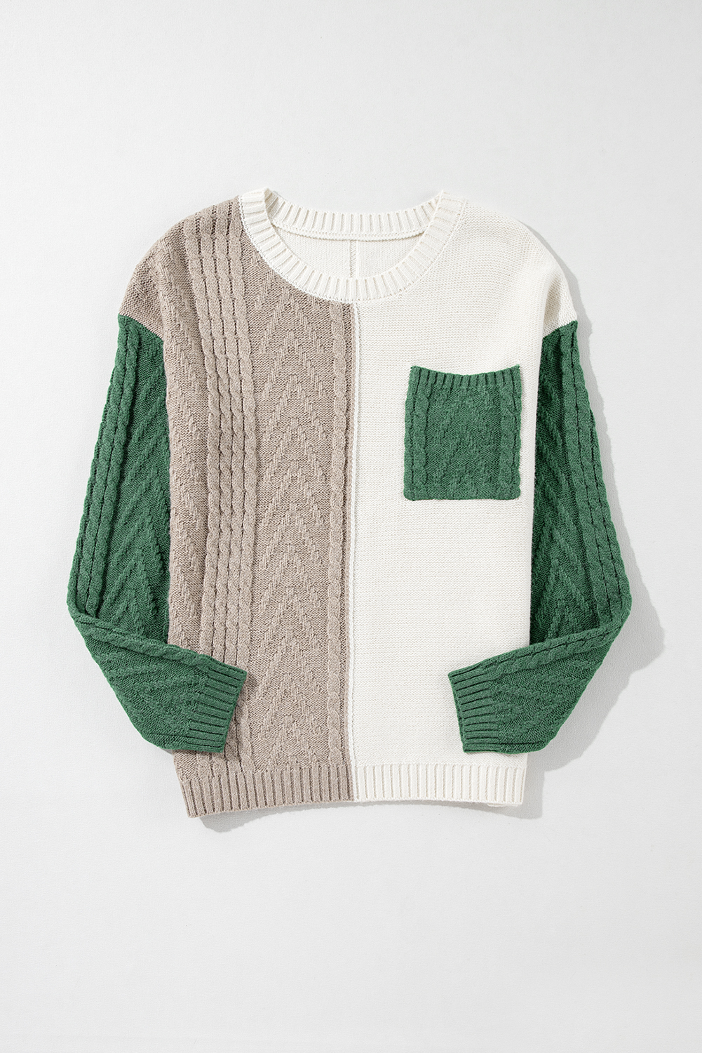 Casual Cable Knit Sweater, Vineyard Green Colorblock Pullover - Detail View 8 Casual Cable Knit Sweater, Vineyard Green Colorblock Pullover - Detail View 8