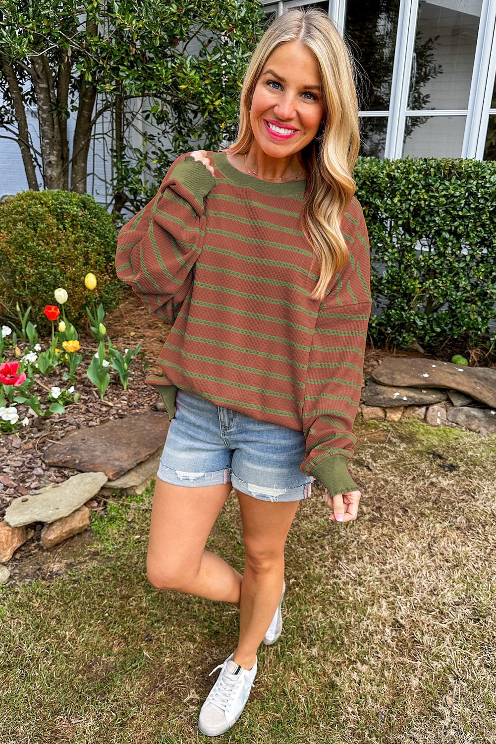 Stay warm and stylish with this Women's Brown Stripe Trimmed Round Neck Drop Shoulder Loose Sweater. The classic striped pattern silhouette is elevated by the trimmings, creating a charming and eye-catching design. The relaxed fit and drop shoulder design provide ease and comfort, making it suitable for different body shapes and occasions. This casual sweater is perfect for keeping warm and stylish during the fall and autumn seasons. Made from a soft blend of viscose, polyester, and polyamide, this sweater is a must-have for your wardrobe, featuring a modern and versatile design. Pair it with jeans and sneakers for a relaxed look or dress it up with leggings and boots for a more polished ensemble. - Detail View 4 Stay warm and stylish with this Women's Brown Stripe Trimmed Round Neck Drop Shoulder Loose Sweater. The classic striped pattern silhouette is elevated by the trimmings, creating a charming and eye-catching design. The relaxed fit and drop shoulder design provide ease and comfort, making it suitable for different body shapes and occasions. This casual sweater is perfect for keeping warm and stylish during the fall and autumn seasons. Made from a soft blend of viscose, polyester, and polyamide, this sweater is a must-have for your wardrobe, featuring a modern and versatile design. Pair it with jeans and sneakers for a relaxed look or dress it up with leggings and boots for a more polished ensemble. - Detail View 4
