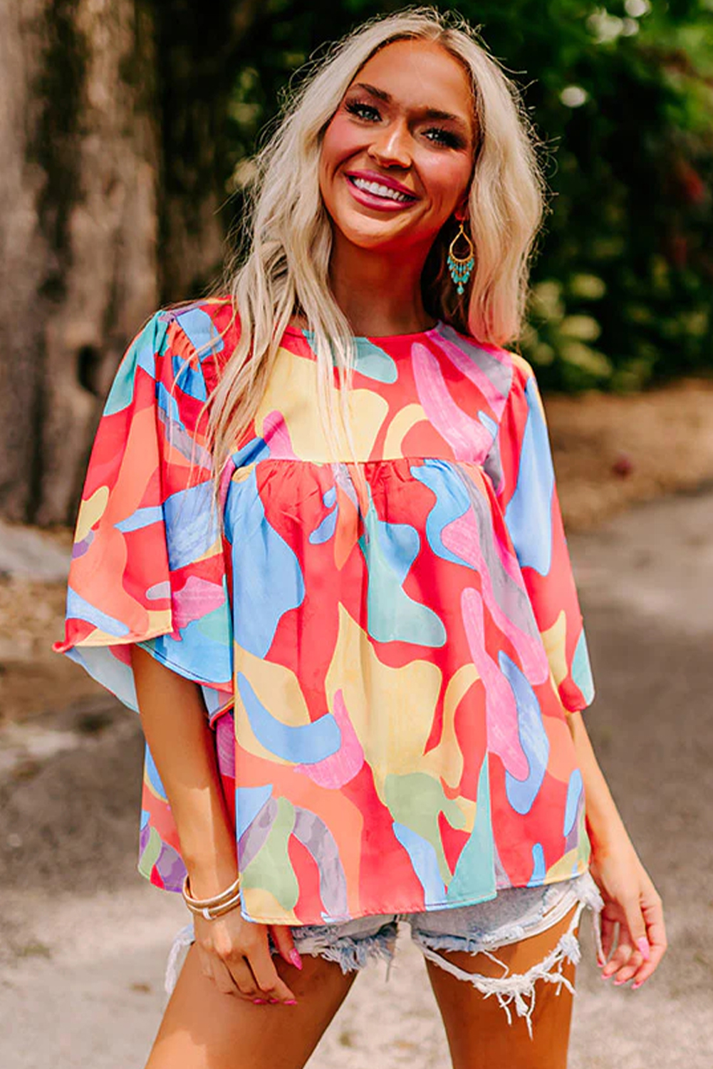 Women's Abstract Print Blouse, Casual Flutter Sleeve Top - Detail View 7 Women's Abstract Print Blouse, Casual Flutter Sleeve Top - Detail View 7