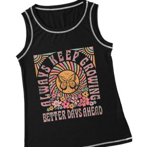Women's Black Letters Butterfly Floral Printed Crewneck Tank Top - Main View