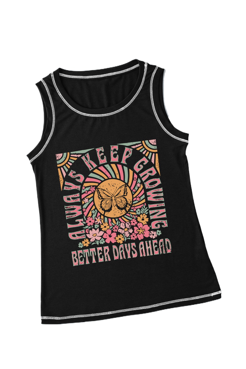 Women's Black Letters Butterfly Floral Printed Crewneck Tank Top - Main View Women's Black Letters Butterfly Floral Printed Crewneck Tank Top - Main View
