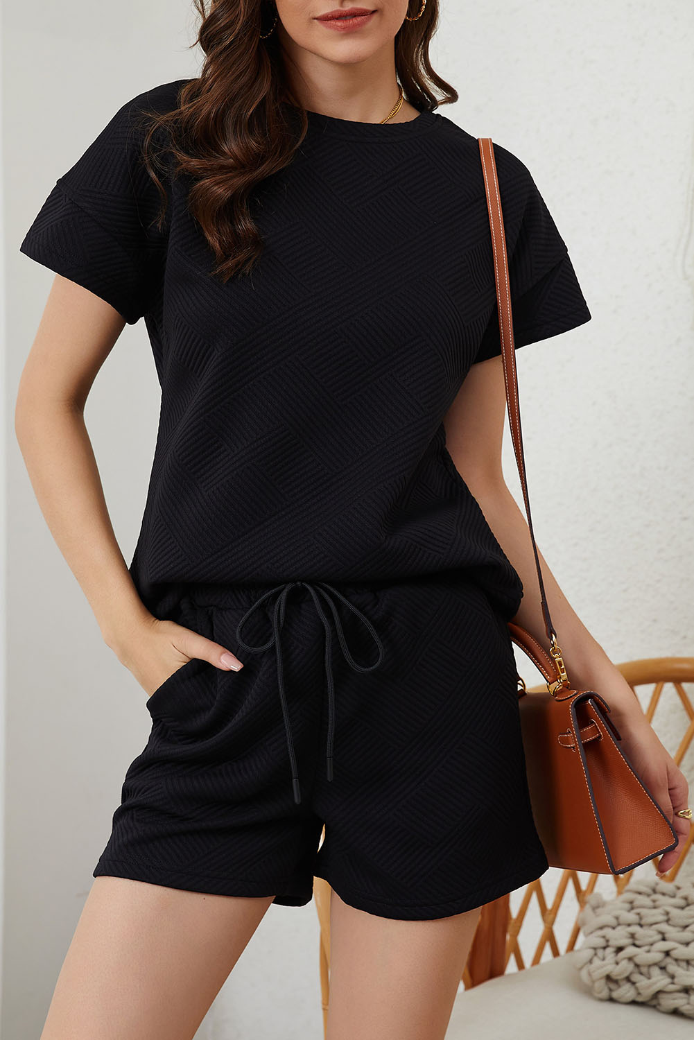 Women's Textured Two Piece Set, Casual Black Summer Outfit - Detail View 7 Women's Textured Two Piece Set, Casual Black Summer Outfit - Detail View 7