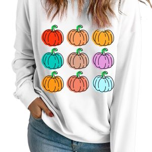 Women's Beige Halloween Sweatshirt with Vibrant Pumpkins Print - Main View