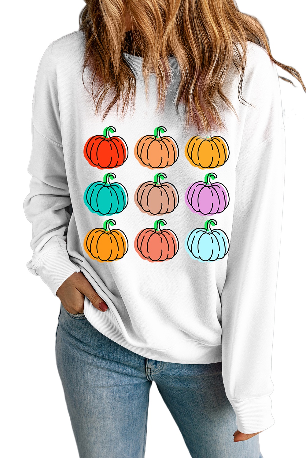 Women's Beige Halloween Sweatshirt with Vibrant Pumpkins Print - Main View Women's Beige Halloween Sweatshirt with Vibrant Pumpkins Print - Main View