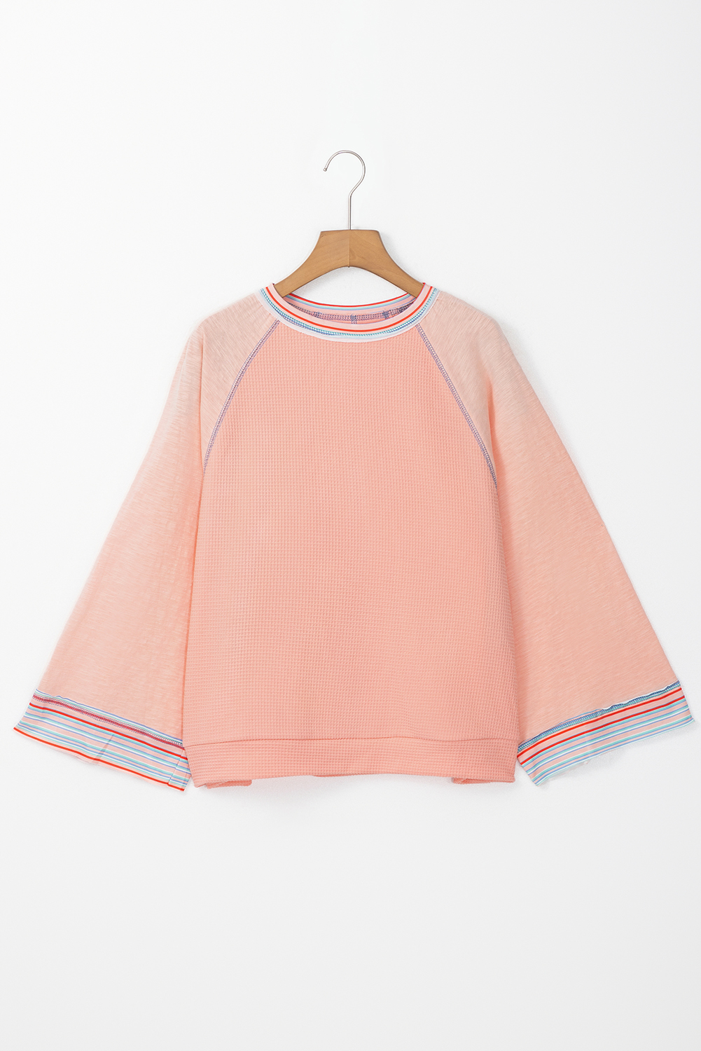 Casual Round Neck Waffle Knit Tee with Raw Hem and Bracelet Sleeves for Women - Detail View 3 Casual Round Neck Waffle Knit Tee with Raw Hem and Bracelet Sleeves for Women - Detail View 3