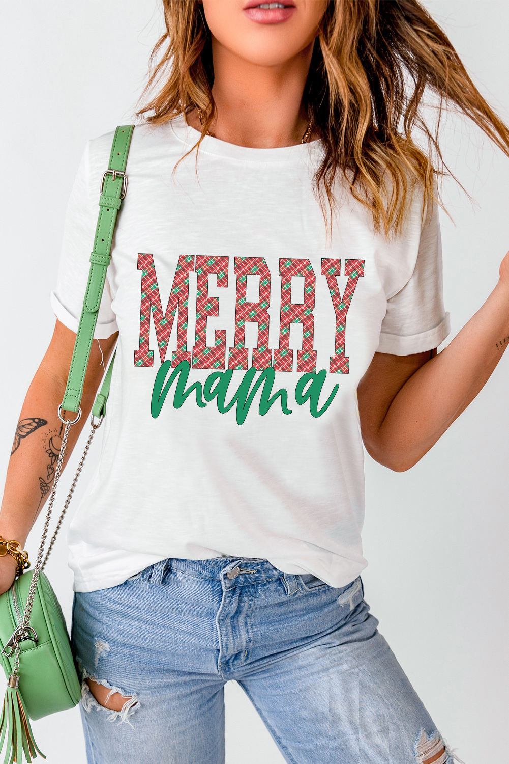 Women's Graphic T-Shirt, White Tee, MERRY Mama, Christmas Shirt, Holiday Fashion, Crew Neck, Casual Style, Short Sleeve, Shift Fit, Soft Fabric, Trendy Moms, Gifts, Slogan Print, Versatile Piece, Daily Wear, Christmas Theme - Detail View 4 Women's Graphic T-Shirt, White Tee, MERRY Mama, Christmas Shirt, Holiday Fashion, Crew Neck, Casual Style, Short Sleeve, Shift Fit, Soft Fabric, Trendy Moms, Gifts, Slogan Print, Versatile Piece, Daily Wear, Christmas Theme - Detail View 4
