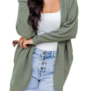 Women's Laurel Green Waffle Knit Open Front Cardigan - Main View