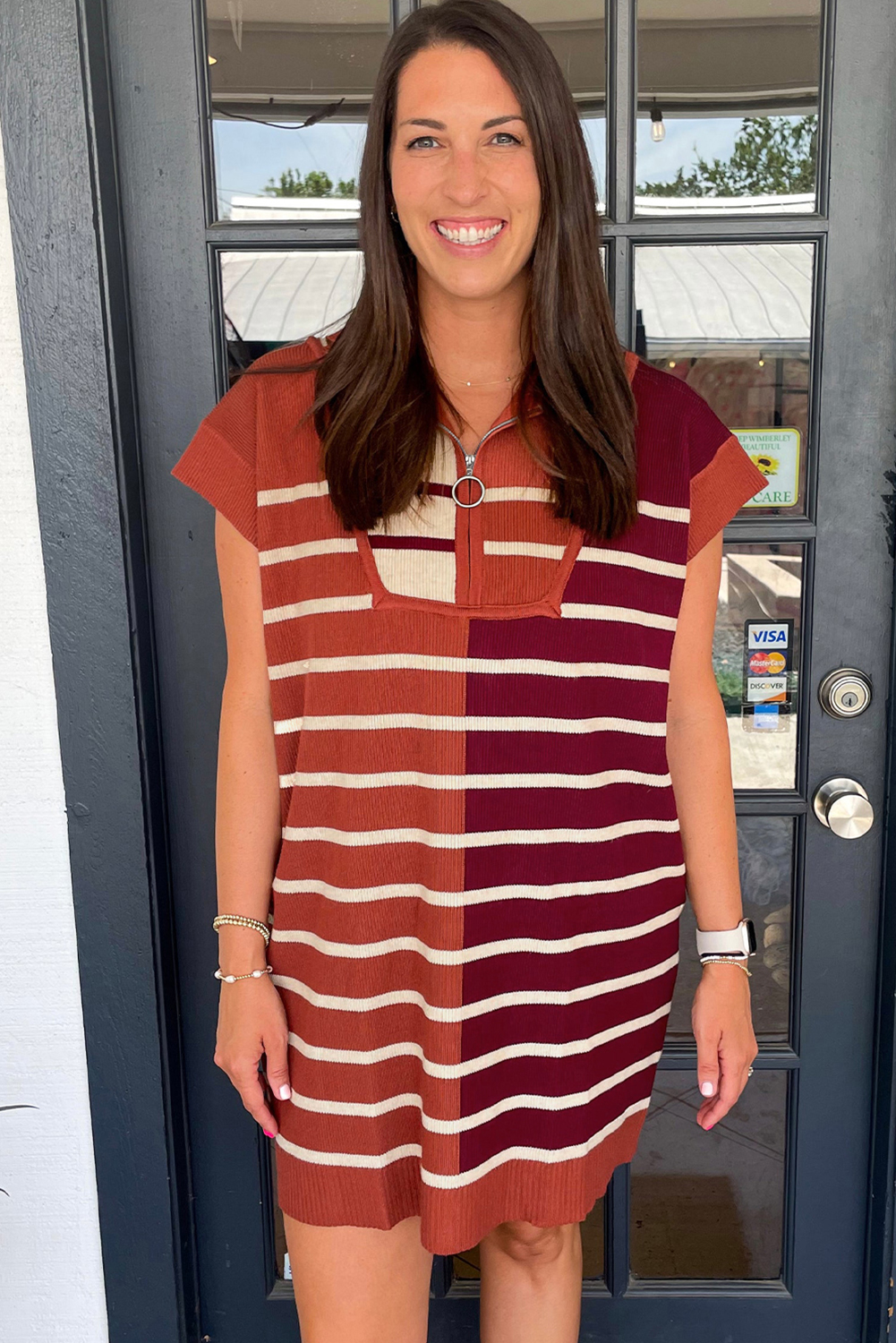 Stylish Short Sleeve Brown Stripe Sweater Dress - Versatile Knit Dress for Everyday Wear - Detail View 3 Stylish Short Sleeve Brown Stripe Sweater Dress - Versatile Knit Dress for Everyday Wear - Detail View 3