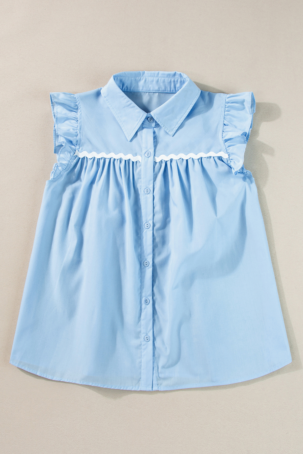 Elegant and Comfortable Sleeveless Shirt - Sky Blue with Ric Rac Trim - Detail View 7 Elegant and Comfortable Sleeveless Shirt - Sky Blue with Ric Rac Trim - Detail View 7