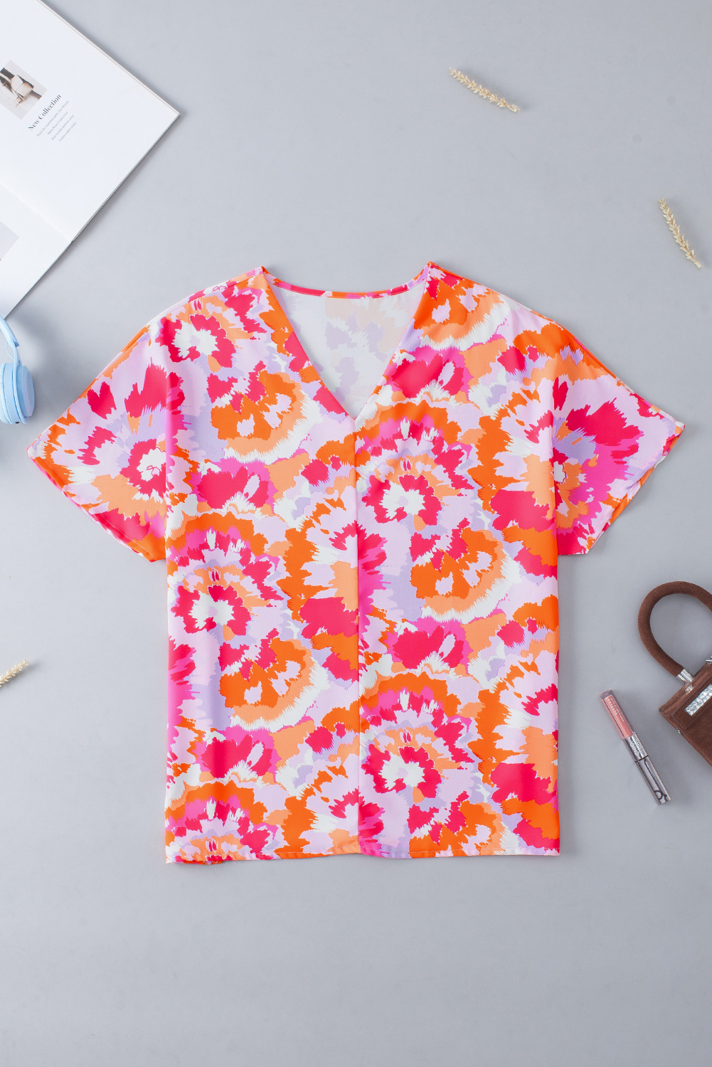 Women's Stylish Rose Red Abstract Print V-Neck Summer Blouse - Detail View 6 Women's Stylish Rose Red Abstract Print V-Neck Summer Blouse - Detail View 6