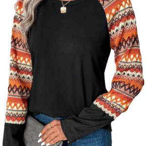 Women's Orange Geo Print Raglan Patchwork Long Sleeve Tee - Main View