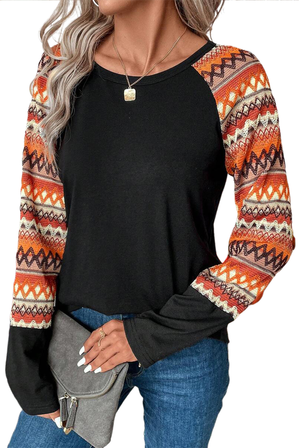 Women's Orange Geo Print Raglan Patchwork Long Sleeve Tee - Main View Women's Orange Geo Print Raglan Patchwork Long Sleeve Tee - Main View