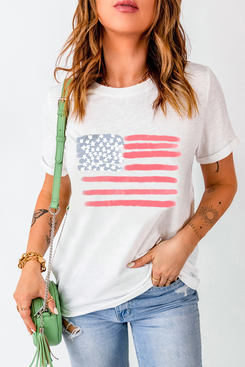 Patriotic and Comfortable White USA Flag Print T-Shirt - Crew Neck, Short Sleeves, and Relaxed Fit - Detail View 3 Patriotic and Comfortable White USA Flag Print T-Shirt - Crew Neck, Short Sleeves, and Relaxed Fit - Detail View 3