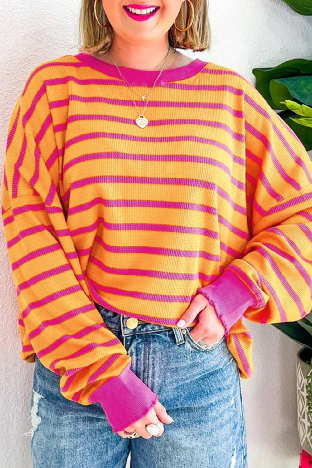 Relaxed Fit Sweater for Daily Wear - Orange and Rose Red Striped - Detail View 3 Relaxed Fit Sweater for Daily Wear - Orange and Rose Red Striped - Detail View 3