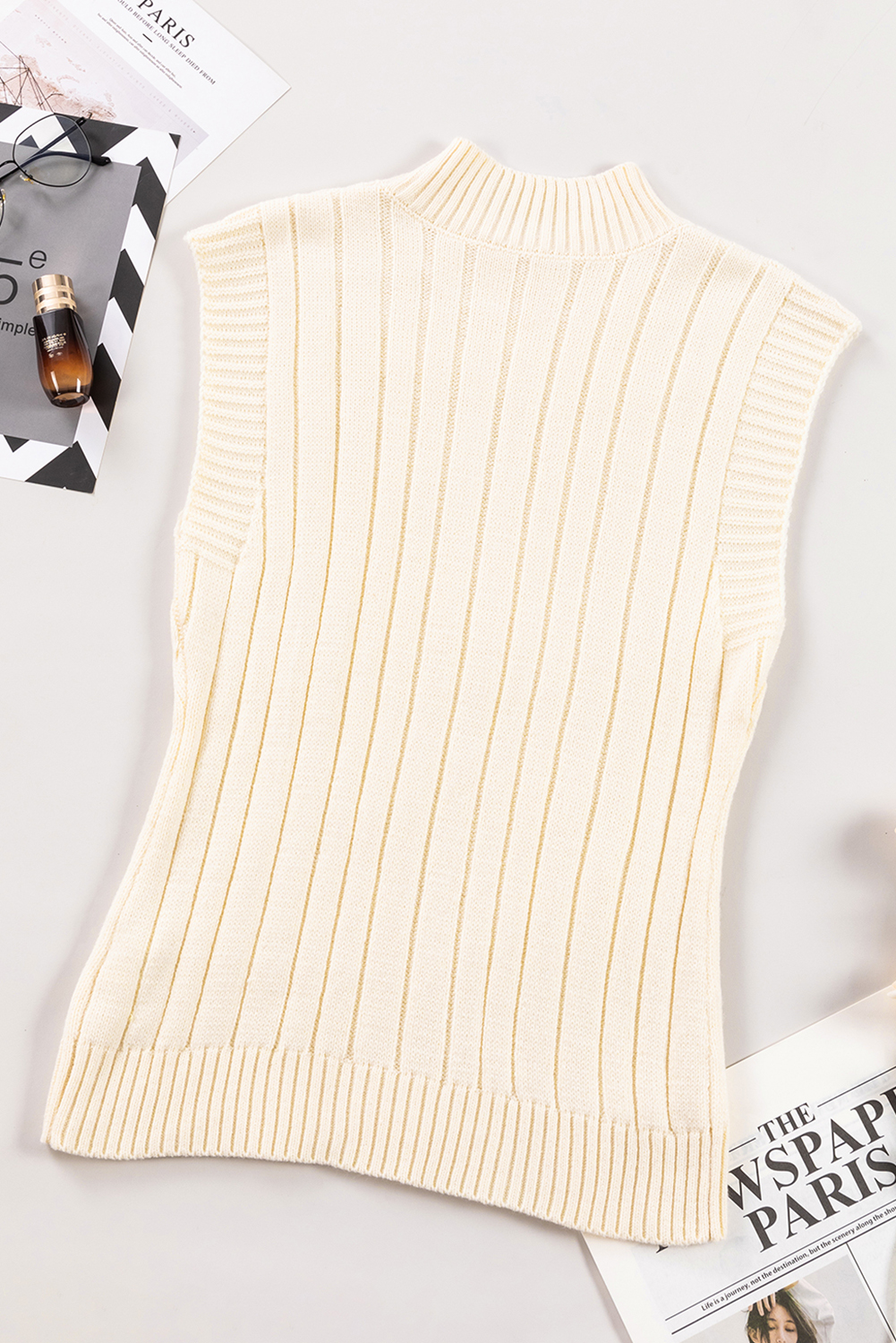 Women's High Neck Cable Knit Vest, Solid Oatmeal Layering - Detail View 6 Women's High Neck Cable Knit Vest, Solid Oatmeal Layering - Detail View 6
