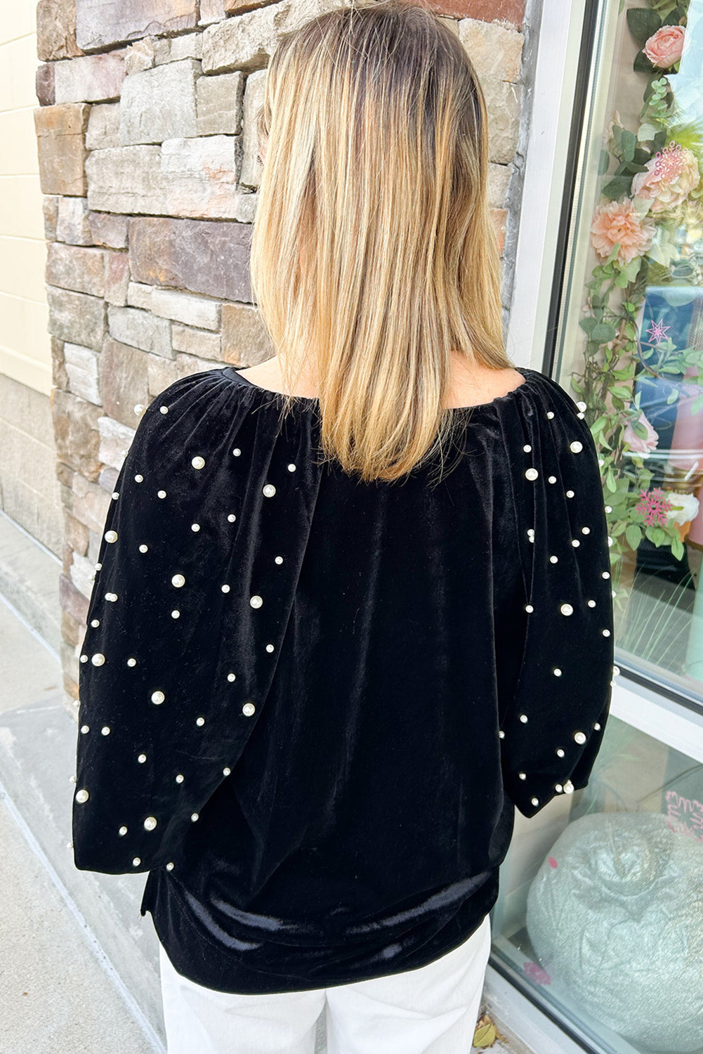Luxurious Black Velvet Top with Half Puff Sleeves and Pearl Beads - Detail View 2 Luxurious Black Velvet Top with Half Puff Sleeves and Pearl Beads - Detail View 2