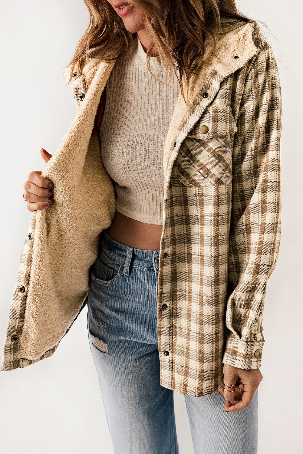 Women's Casual Plaid Shacket, Warm Button Down Winter Coat - Detail View 6 Women's Casual Plaid Shacket, Warm Button Down Winter Coat - Detail View 6