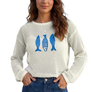 Women's White Fish Embroidered Sweater, Casual Open Knit - Main View