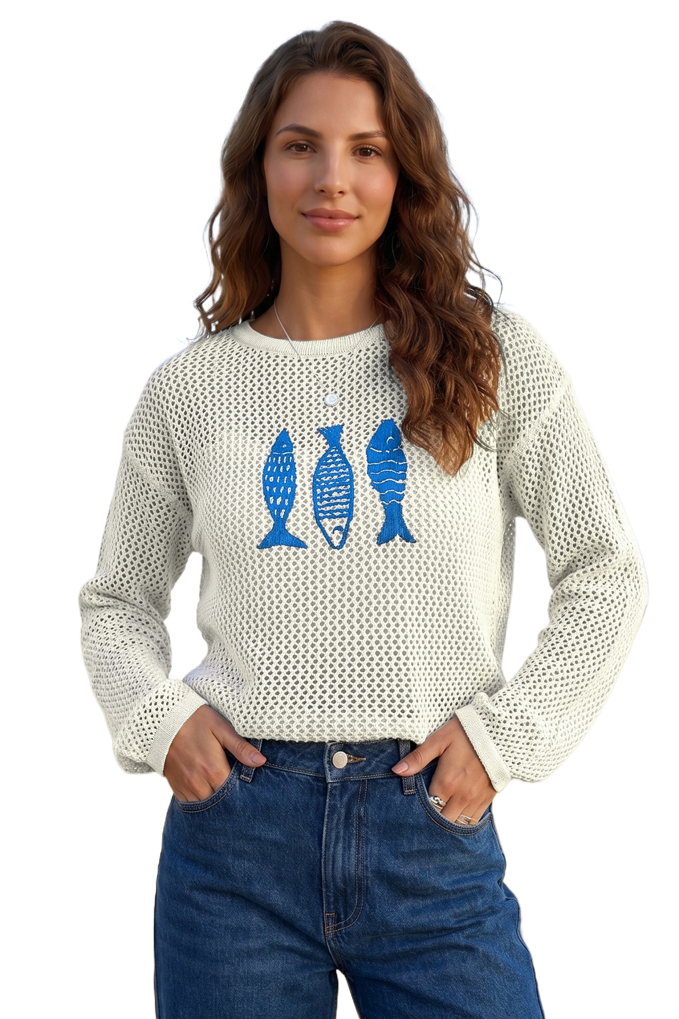 Women's White Fish Embroidered Sweater, Casual Open Knit - Main View Women's White Fish Embroidered Sweater, Casual Open Knit - Main View