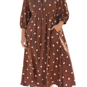 Women's Brown Polka Dot Dress, Long Sleeve Casual A Line - Main View
