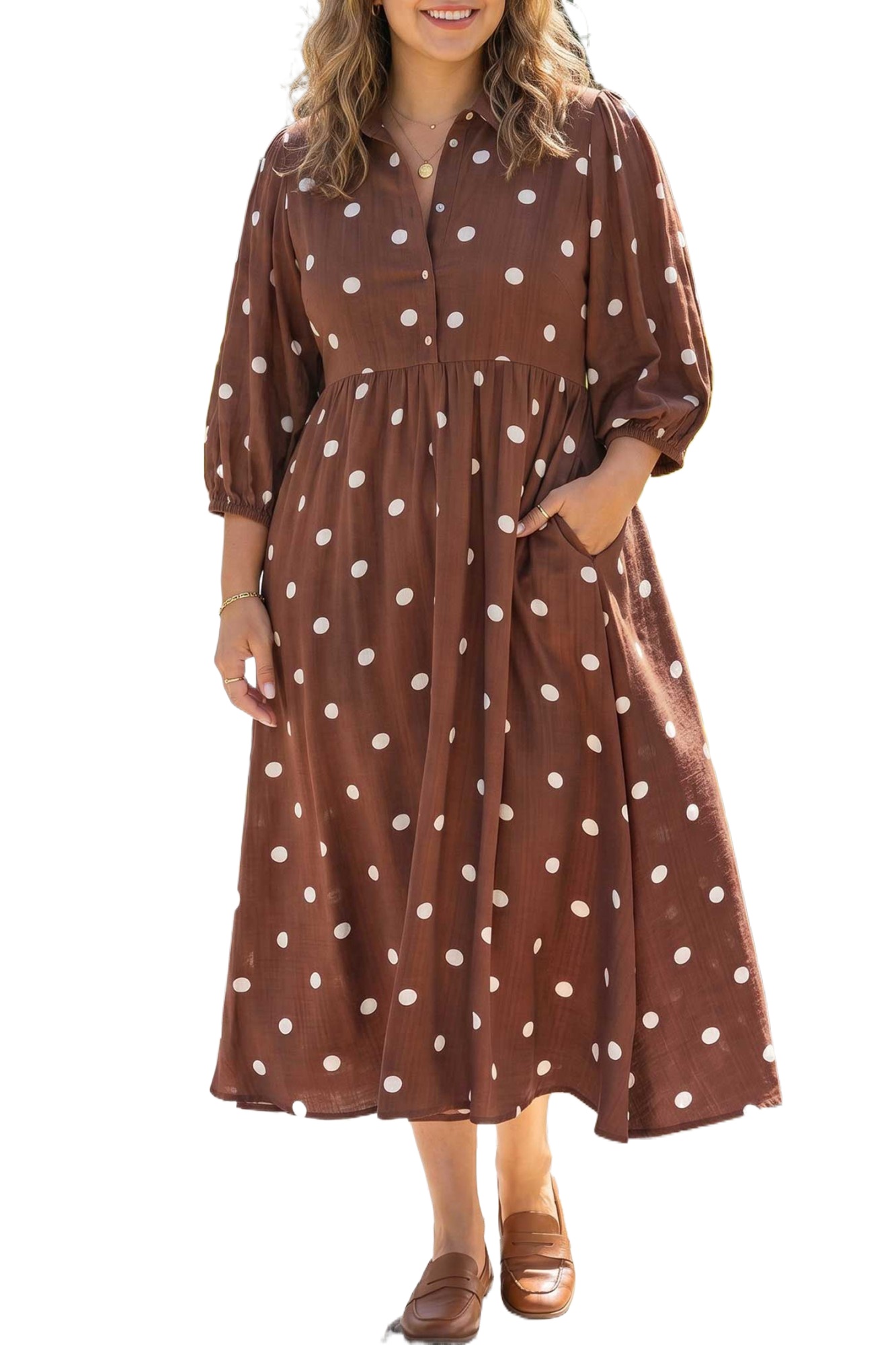 Women's Brown Polka Dot Dress, Long Sleeve Casual A Line - Main View Women's Brown Polka Dot Dress, Long Sleeve Casual A Line - Main View