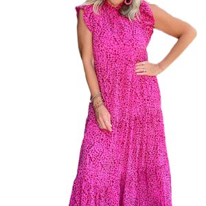 Women's Rose Red Leopard Print Ruffled Maxi Dress with Flutter Sleeves - Main View