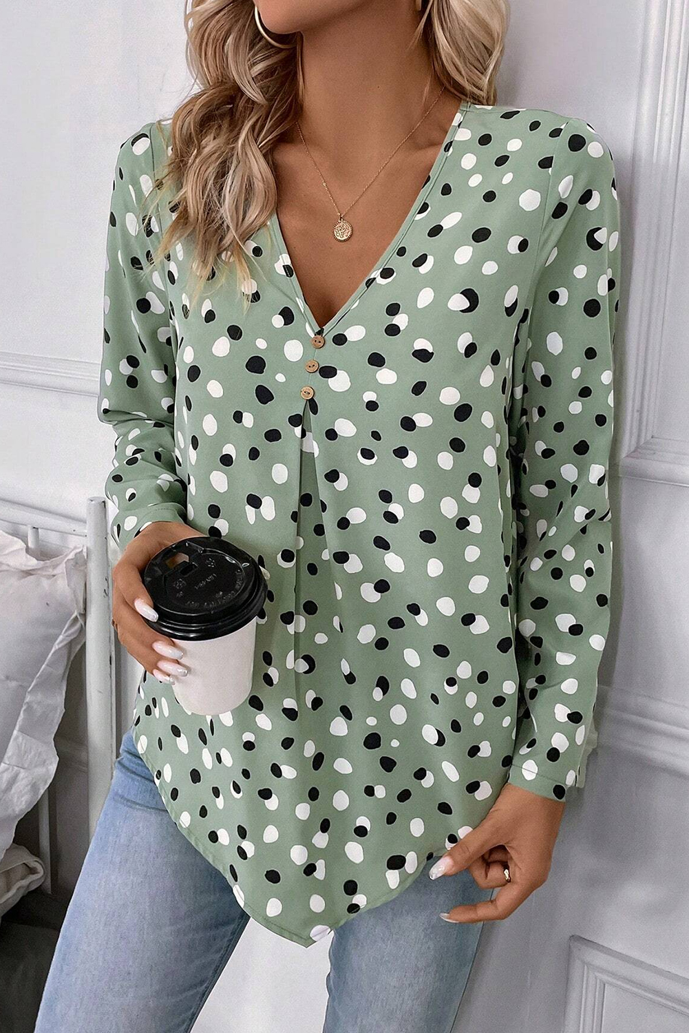 Flattering and Feminine Silhouette: Green Polka Dot Print V-Neck Blouse - Detail View 3 Flattering and Feminine Silhouette: Green Polka Dot Print V-Neck Blouse - Detail View 3