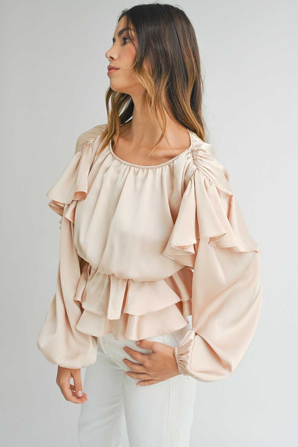 Chic Solid Oatmeal Blouse with Keyhole Back and Ruffled Peplum Hem - Detail View 6 Chic Solid Oatmeal Blouse with Keyhole Back and Ruffled Peplum Hem - Detail View 6