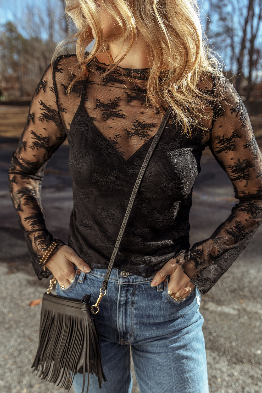 Elegant Sheer Black Blouse: Lace Crochet Detailing, Slim Fit, Long Sleeve - Detail View 7 Elegant Sheer Black Blouse: Lace Crochet Detailing, Slim Fit, Long Sleeve - Detail View 7