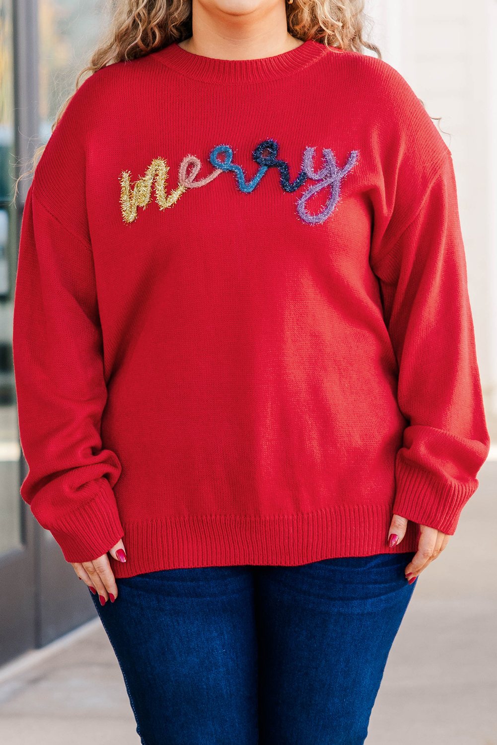 Fiery Red Tinsel Merry Pattern Drop Shoulder Plus Size Sweater for Women - Detail View 9 Fiery Red Tinsel Merry Pattern Drop Shoulder Plus Size Sweater for Women - Detail View 9