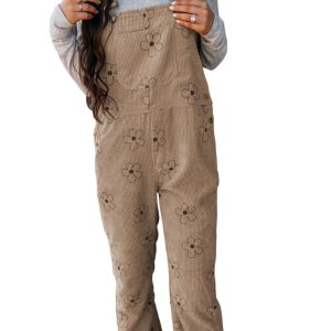 Women's Khaki Flower Print Corduroy Overalls - Main View