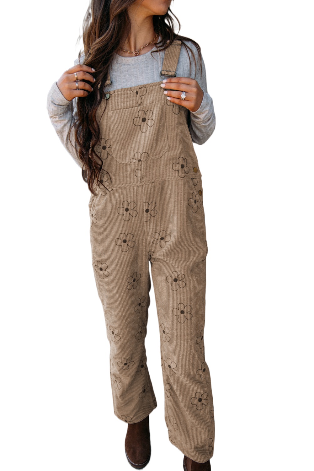 Women's Khaki Flower Print Corduroy Overalls - Main View Women's Khaki Flower Print Corduroy Overalls - Main View