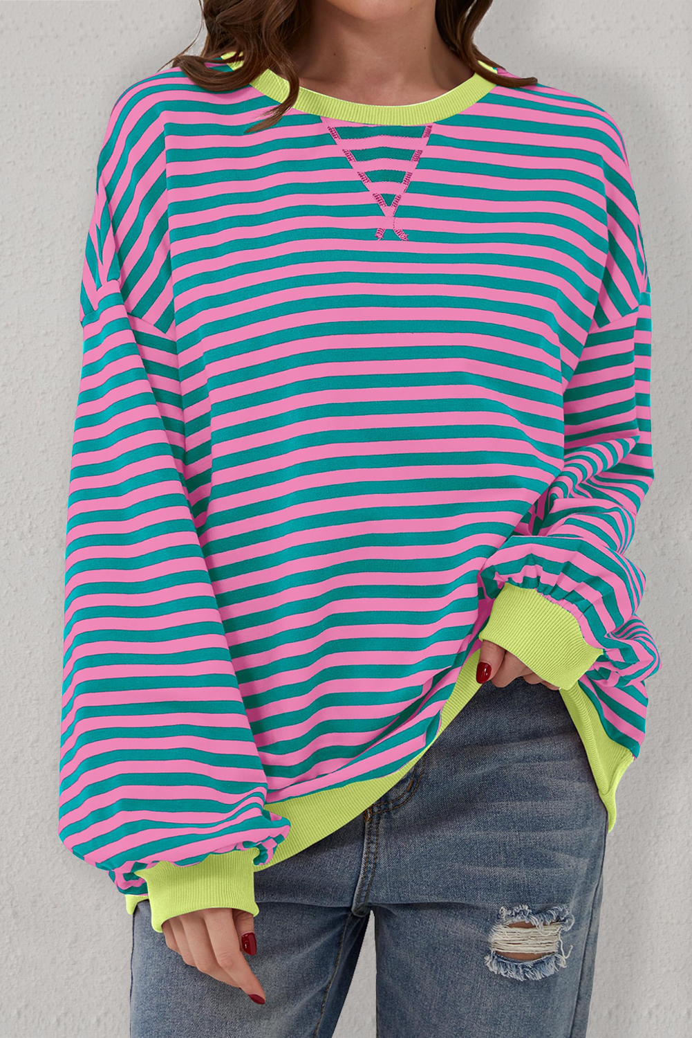 Relaxed Fit and Cozy: Women's Green Stripe Pullover Sweater with Contrast Trim - Detail View 3 Relaxed Fit and Cozy: Women's Green Stripe Pullover Sweater with Contrast Trim - Detail View 3